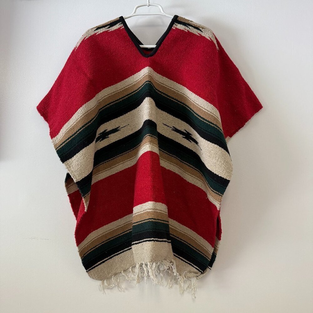 Traditional Mexican Blanket Poncho Serape - Red, Cream, Tan, Green, & Black